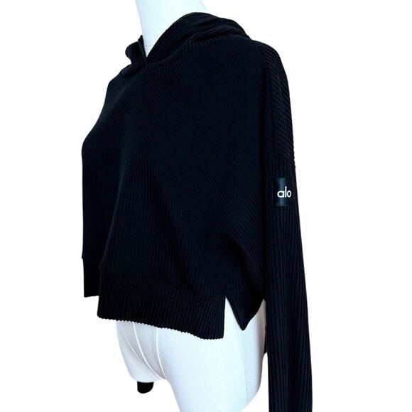 Alo Muse Black Top Hoodie Size XS Soft Ribbed Knit Relaxed Cropped Side Slits - Picture 8 of 10